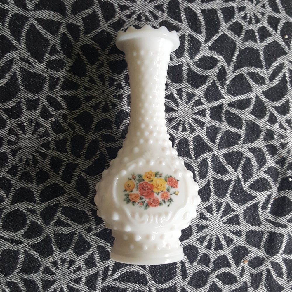 Vintage Avon Milk Glass Hobnail & Floral Bud Vase